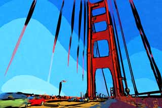 illustration,material,free,landscape,picture,painting,color pencil,crayon,drawing,A Golden Gate Bridge, The Golden Gate Bridge, The straits, highway, tourist attraction