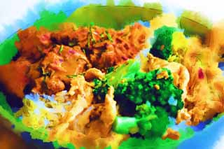 illust, materiale, libero panorama, ritratto dipinto, matita di colore disegna a pastello, disegnando,Una ciotola della carne, broccoli, Manzo, Riso, ciotola