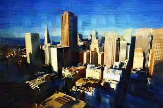 illustration,material,free,landscape,picture,painting,color pencil,crayon,drawing,The building group of San Francisco, high-rise building, Downtown, residential area, slope