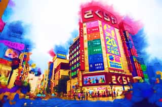 Illust, materieel, vrij, landschap, schilderstuk, schilderstuk, kleuren potlood, crayon, werkje,Shinjuku, Klap cultuur, Signboard, Boodschappend doend, Illumineringen