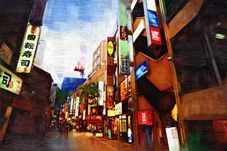 illustration,material,free,landscape,picture,painting,color pencil,crayon,drawing,According to Shinjuku, restaurant, signboard, stone pavement, Illuminations