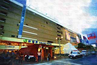 illust, materiale, libero panorama, ritratto dipinto, matita di colore disegna a pastello, disegnando,Shinjuku colloca, ristorante, cartello, pattugli macchina, edificio di stazione