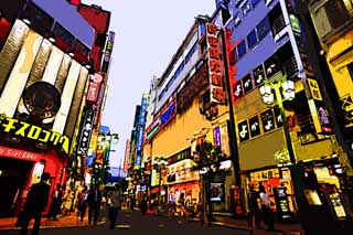 illust, materiale, libero panorama, ritratto dipinto, matita di colore disegna a pastello, disegnando,Secondo Shinjuku, ristorante, cartello, macchina di fessura di biliardino-stile, Luminarie