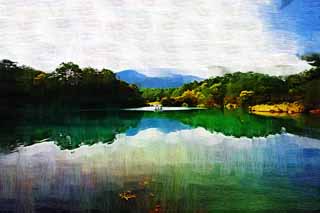 illust, materiale, libero panorama, ritratto dipinto, matita di colore disegna a pastello, disegnando,Lago Bishamon, foresta, stagno, Blu azzurro, Mt. Bandai-san
