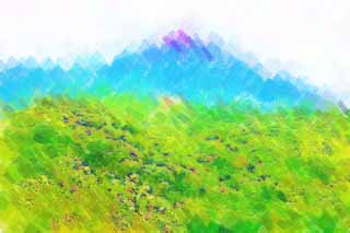 illust, material, livram, paisagem, quadro, pintura, lpis de cor, creiom, puxando,Aizu Mt. Bandai-san, vulco, Erupo, Folhas coloridas, Aizu Fuji