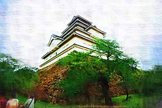 illust, material, livram, paisagem, quadro, pintura, lpis de cor, creiom, puxando,A Matsushiro castelo torre jovem, fosso, Ishigaki, Castelo de Kurokawa, Ujisato Gamo