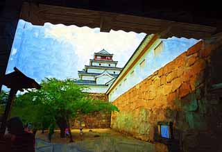 illustration,material,free,landscape,picture,painting,color pencil,crayon,drawing,The young Matsushiro castle tower, moat, Ishigaki, Kurokawa Castle, Ujisato Gamo