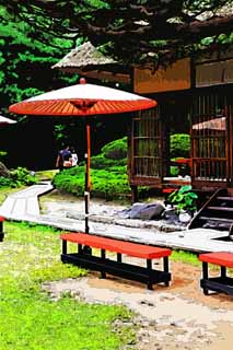 illust, material, livram, paisagem, quadro, pintura, lpis de cor, creiom, puxando,Oyaku-en Garden palcio de barraca de descanso, some guarda-chuva, Edifcio de Japons-estilo, quarto de ch-cerimnia, estao de resto