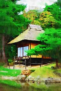 illust, material, livram, paisagem, quadro, pintura, lpis de cor, creiom, puxando,Oyaku-en Garden conforto pavilho de Kotobuki, planta de jardim, shoji, Japons ajardina, Sap