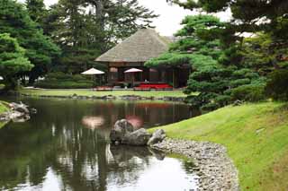 Foto, materiell, befreit, Landschaft, Bild, hat Foto auf Lager,Oyaku-en Garden, der Httenpalast lehnt, zhlen Sie Schirm zusammen, Japanisch-Stilgebude, Tee-Zeremonienzimmer, Ruhenstation