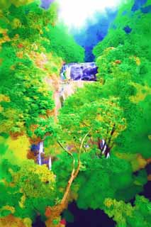 illustration,material,free,landscape,picture,painting,color pencil,crayon,drawing,A waterfall of Fukuroda, westing Buddhist priest, Takikawa, Kuji River, Komon Mito