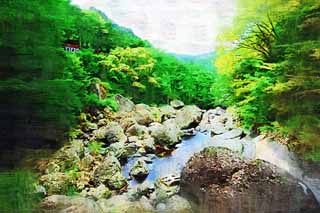 illustration,material,free,landscape,picture,painting,color pencil,crayon,drawing,The river of the waterfall of Fukuroda, huge stone, Takikawa, Kuji River, flow