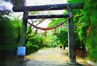 Illust, materieel, vrij, landschap, schilderstuk, schilderstuk, kleuren potlood, crayon, werkje,Een torii van de Tokiwa Shrine naar het oosten, Komon Mito, Mitsukuni, Nariaki Tokugawa, Shinto heiligdom