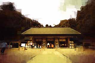 illustration,material,free,landscape,picture,painting,color pencil,crayon,drawing,Tokiwa Shrine front shrine, Komon Mito, Mitsukuni, Nariaki Tokugawa, Hollyhock mon