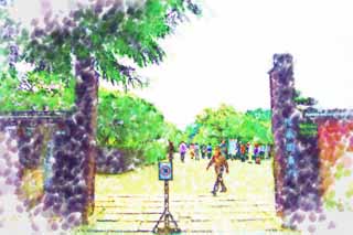 Illust, materieel, vrij, landschap, schilderstuk, schilderstuk, kleuren potlood, crayon, werkje,De Kairaku-en Tuin naar het oosten poort, Bairin, Japanse tuin, Nariaki Tokugawa, Toeristisch