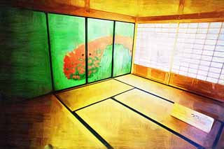illust, material, livram, paisagem, quadro, pintura, lpis de cor, creiom, puxando,Kairaku-en Garden pavilho de Yoshifumi, fusuma imaginam, Uma azalia, quadro, sanitrio pblico