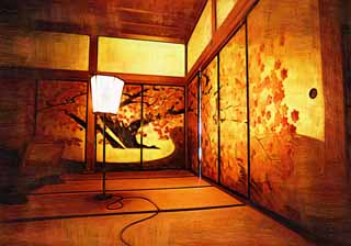 illust, materiale, libero panorama, ritratto dipinto, matita di colore disegna a pastello, disegnando,Kairaku-en Garden la pergola di Yoshifumi, fusuma dipingono, Foglie colorate, ritratto, Durante seguente