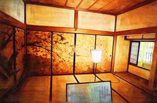 illust, materiale, libero panorama, ritratto dipinto, matita di colore disegna a pastello, disegnando,Kairaku-en Garden la pergola di Yoshifumi, fusuma dipingono, Foglie colorate, ritratto, Durante seguente