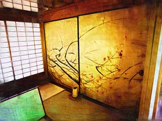 illust, materiale, libero panorama, ritratto dipinto, matita di colore disegna a pastello, disegnando,Kairaku-en Garden la pergola di Yoshifumi, fusuma dipingono, Foglia di oro, ritratto, 