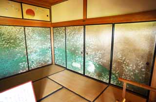 photo,material,free,landscape,picture,stock photo,Creative Commons,Kairaku-en Garden Yoshifumi bower, fusuma picture, bush clover, picture, rest room