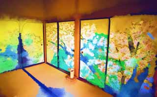 Illust, materieel, vrij, landschap, schilderstuk, schilderstuk, kleuren potlood, crayon, werkje,Kairaku-en Garden Yoshifumi bower, Fusuma beelden, Kers boom, Foto, Rust kamer uit