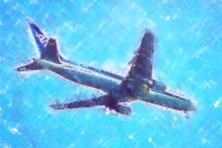 illustration,material,free,landscape,picture,painting,color pencil,crayon,drawing,A jetliner, gear, flap, jet engine, wing