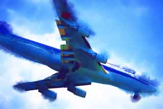 illustration,material,free,landscape,picture,painting,color pencil,crayon,drawing,A jumbo jet passenger plane, gear, flap, jet engine, wing