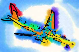 illust, matire, libre, paysage, image, le tableau, crayon de la couleur, colorie, en tirant,Un avion  raction, quipement, battement, moteur de jais, aile