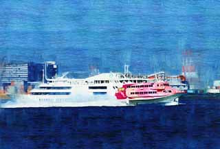 illustration,material,free,landscape,picture,painting,color pencil,crayon,drawing,A Jetfoil, passenger ship, High speed ship, port, Jetfoil