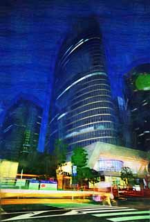 illustration,material,free,landscape,picture,painting,color pencil,crayon,drawing,Shinagawa, high-rise building, An office building, Shinagawa interchange city, At dark