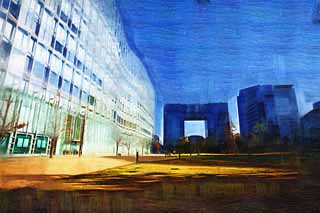 illustration,material,free,landscape,picture,painting,color pencil,crayon,drawing,Odaiba, building, Qinghai, Glass, lawn