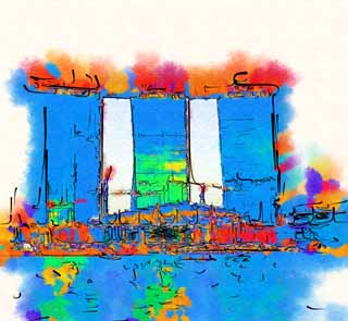 illust, material, livram, paisagem, quadro, pintura, lpis de cor, creiom, puxando,Cingapura, A mancha de construo, local de construo, edifcio de edifcio alto, facilidade turstica