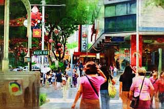 illustration,material,free,landscape,picture,painting,color pencil,crayon,drawing,An orchard road, The sidewalk, Christmas, roadside tree, The tropical zone