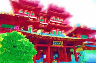 illustration,material,free,landscape,picture,painting,color pencil,crayon,drawing,Buddha Tooth Relic Temple, Chaitya, I am painted in red, Chinese food, Deva King image