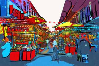 illustration,material,free,landscape,picture,painting,color pencil,crayon,drawing,Chinatown, Cow carriage water street City, parasol, Shopping, tourist