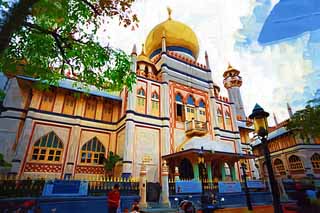 illust, materiale, libero panorama, ritratto dipinto, matita di colore disegna a pastello, disegnando,Una moschea di sultano, Islam, moschea, Faith, cupola