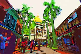 illustration,material,free,landscape,picture,painting,color pencil,crayon,drawing,A sultan mosque, Islam, mosque, Faith, dome