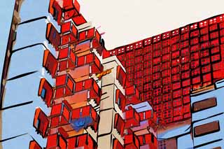 illustration,material,free,landscape,picture,painting,color pencil,crayon,drawing,An apartment, house, Multifamily housing, high-rise house, Red