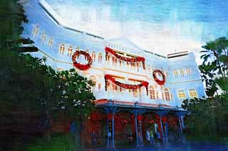 illustration,material,free,landscape,picture,painting,color pencil,crayon,drawing,Raffles hotel, colonial hotel, colonial style, Singapore sling, Singapore hotel