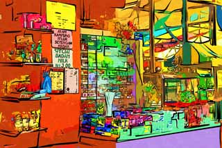 Illust, materieel, vrij, landschap, schilderstuk, schilderstuk, kleuren potlood, crayon, werkje,Een algemene winkel, Mannen gooien, Sigaret, Winkel, Koek