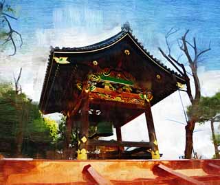 Illust, materieel, vrij, landschap, schilderstuk, schilderstuk, kleuren potlood, crayon, werkje,West Honganji klokje toren, Honganji, Chaitya, Tempel klokje, Decoratie