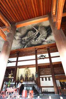 photo, la matire, libre, amnage, dcrivez, photo de la rserve,Le Temple Tofuku-ji couloir principal d'un temple bouddhiste, Chaitya, L'image du dragon, Image bouddhiste, image de l'idole principale de Bouddha avec ses deux saints bouddhistes sur chaque image des cts