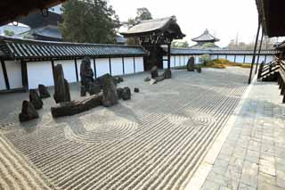 Foto, materieel, vrij, landschap, schilderstuk, bevoorraden foto,Tofuku-ji Tempel opperhoofd preutsste voortuin van de Hal voor de toestand plechtigheden, Chaitya, Rots, Chinees-trant poort, Droogmaak landschap Japanse tuin tuinieren