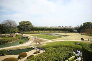 photo, la matire, libre, amnage, dcrivez, photo de la rserve,L'tang du Koraku-en marais de Jardin, reposant baraque, pelouse, tang, Japonais jardine