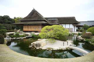 Foto, materiell, befreit, Landschaft, Bild, hat Foto auf Lager,Koraku-en-Garten Enyoutei, Teich, Japanisch-Stilgebude, Stroh-gedecktes mit Stroh Dach, Japanisch grtnert