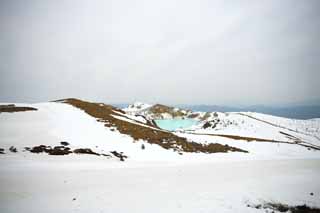 Foto, materiell, befreit, Landschaft, Bild, hat Foto auf Lager,Kusatsu Mt. Shirane-Kessel, Vulkan, blauer Himmel, Schnee, Bave-Stein